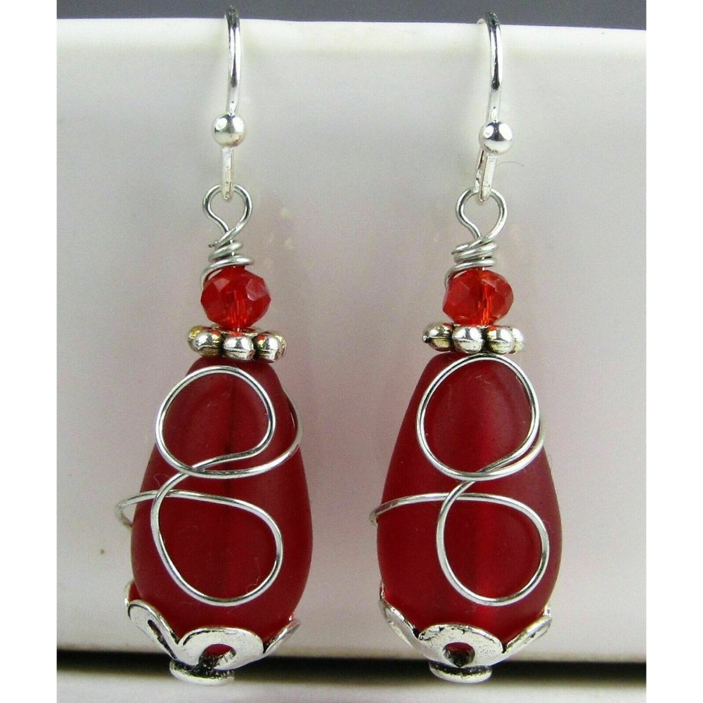 Red SEA GLASS Teardrop Earrings